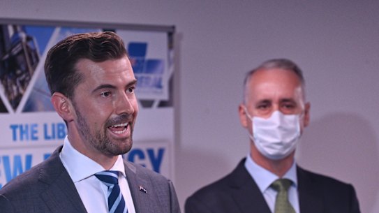 Opposition Leader Zak Kirkup and opposition energy spokesman David Honey reveal the Liberal’s renewable power plan.