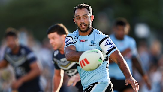 Braydon Trindall in action for Cronulla on Sunday night, just hours before he was charged by police.