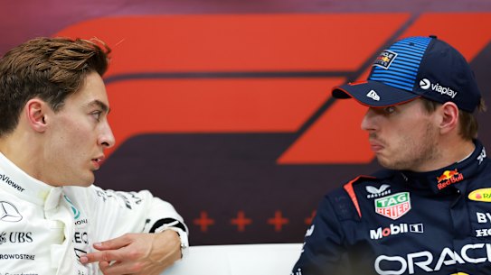 George Russell and Max Verstappen at the Qatar Grand Prix last year.