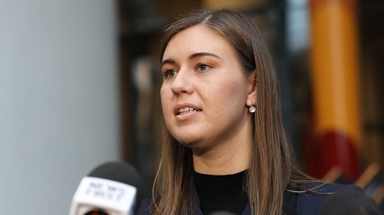 Brittany Higgins speaking to the media after meeting with Prime Minister Scott Morrison in April.