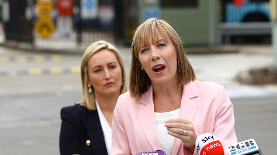 NSW Minister for Transport Jo Haylen and member for Coogee Marjorie O’Neill at the Randwick bus depot in Sydney on Wednesday.