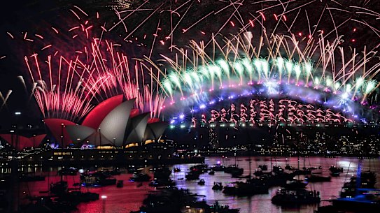 The New Years Eve fireworks as seen from Ms Macquaries Chair on New Years Eve in Sydney on January 1, 2019. 