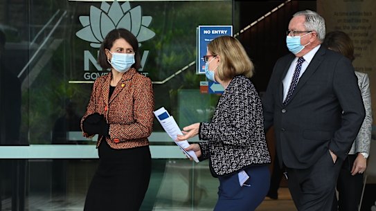 NSW Premier Gladys Berejiklian, NSW Chief Health Officer Dr Kerry Chant and Health Minister Brad Hazzard on Thursday.