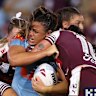 NSW prop Millie Elliott takes a hit-up against Queensland in Origin I.
