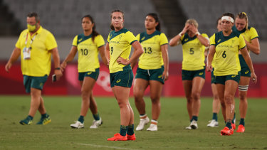 Australiaâ€™s womenâ€™s sevens team after their quarter-final loss to Fiji.