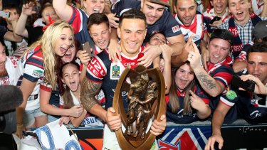 Sonny Bill Williams celebrates the 2013 grand final victory for the Sydney Roosters.