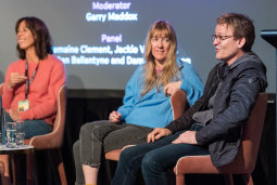 Their film Nude Tuesday turned out more sexual than expected: from left, writer and star Jackie van Beek, director Armagan Ballantyne and star Damon Herriman at a festival hub talk.
