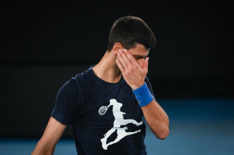 Novak Djokovic training in Rod Laver Arena this morning.