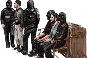 In this file courtroom sketch of February 2018, Salah Abdeslam, second right seated between police officers, and Sofiane Ayari, second left, attend a hearing at the Brussels Justice Palace.