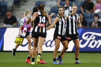 Collingwood’s Chloe Molloy celebrates a goal during the win over Geelong.