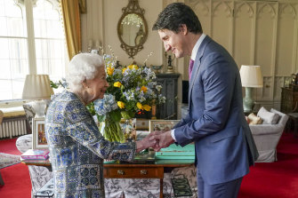 Britain’s Queen Elizabeth II receives Canada’s Prime Minister Justin Trudeau during an audience at Windsor Castle, Windsor, England.