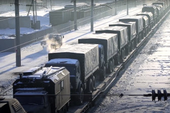 Russian military vehicles on a railway platform on their way to attend a joint military drills in Belarus, in Russia in January. 