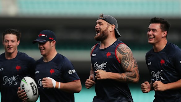 Jared Waerea-Hargreaves runs with teammates at the SCG on Monday.