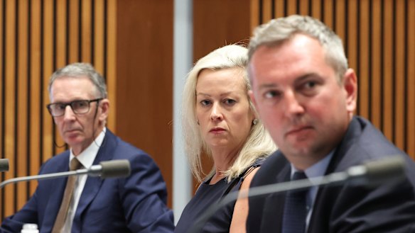 Side by side, they gunned together: News Corp’s Campbell Reid (left), AAP’s  Emma Cowdroy and Nine’s Chris Janz during Friday’s Senate hearing.