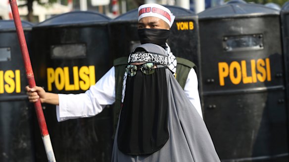 Supporters of Indonesian presidential candidate Prabowo Subianto at a rally outside the Elections Supervisory Agency (Bawaslu) building in Jakarta.