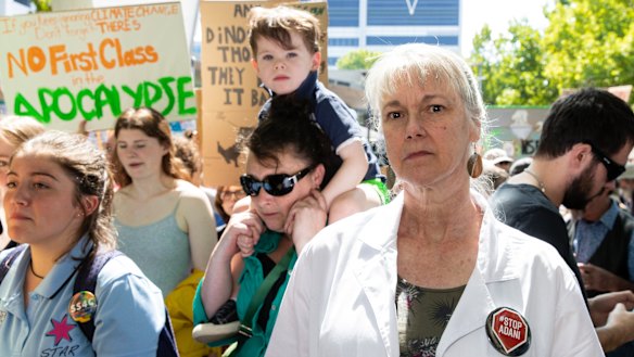Australia's former chief scientist Penny Sackett joined students marching in Canberra. 