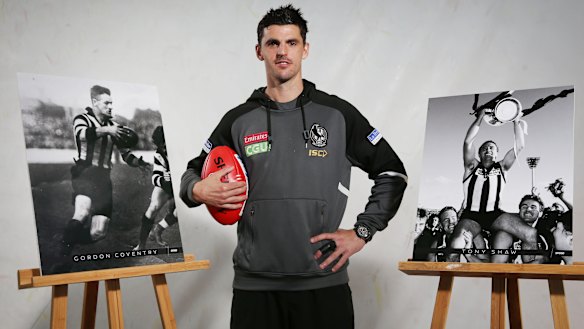 Scott Pendlebury alongside images of fellow premiership greats Gordon Coventry and Tony Shaw.