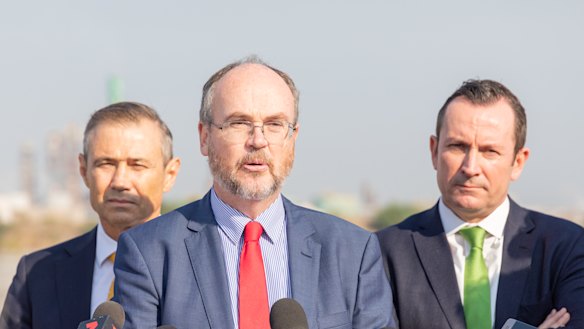 Mines and Petroleum Minister Bill Johnston with Deputy Premier Roger Cook and Premier Mark McGowan at the future site of the SQM and Kidman Resources Kwinana lithium hydroxide plant in May.
