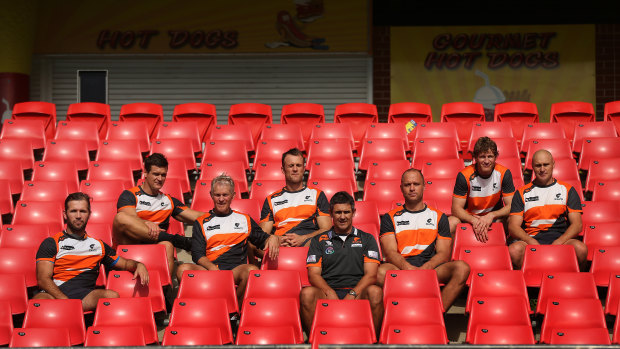 Luke Power (second from right) with the rest of the GWS Giants coaching staff in 2015 (from left): Mark McVeigh, Amon Buchanan, Al McConnell, Dean Brogan, Leon Cameron, Chad Cornes and Brett Hand.