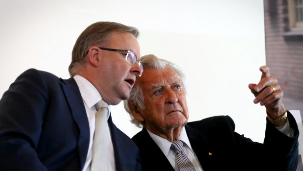 Anthony Albanese, left, with Bob Hawke in 2016.