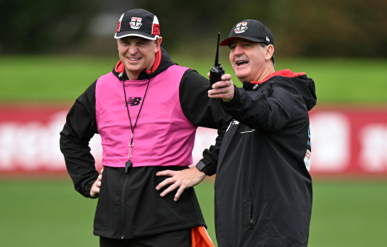 Ross Lyon with his former player Brendon Goddard, now St Kilda’s development coach.