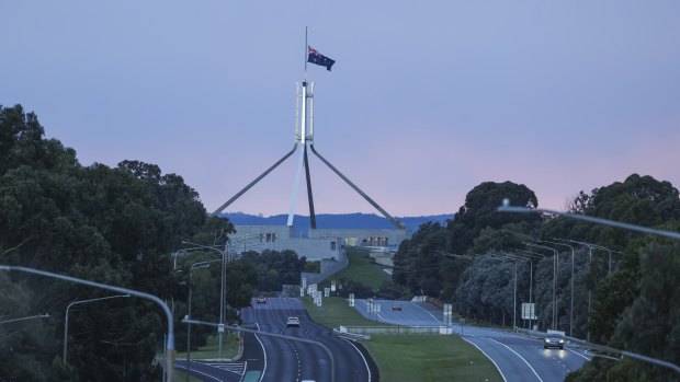 The flag at Parliament House at half-mast following the death of Prince Philip.