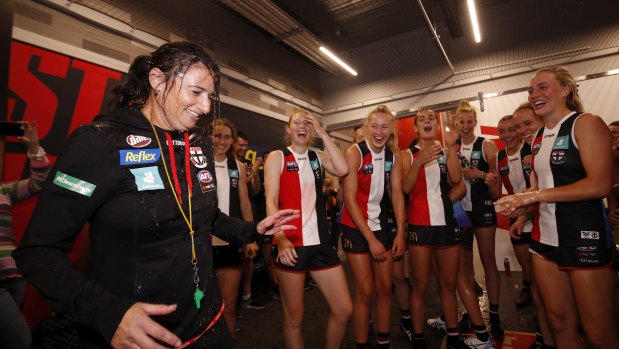 Saints coach Peta Searle (left) is the only female coach in the AFLW and was one of the few women to have been employed in a men's team's football department.