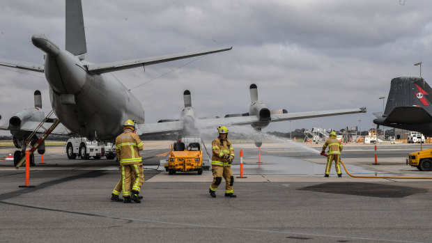 Firefighters in action during the major emergency training exercise for Avalon Airport.