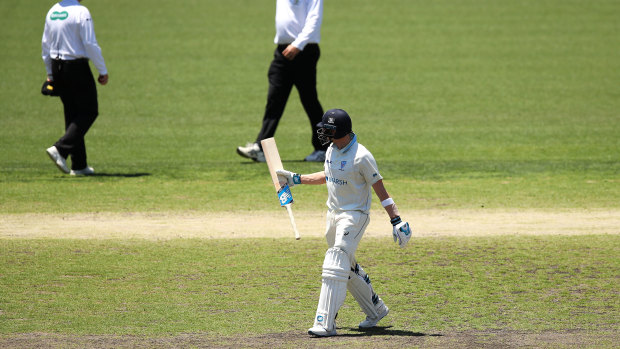 Steve Smith shows his disappointment at being given out in a Sheffield Shield match last week at the SCG.