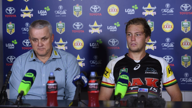 Anthony Griffin and Matt Moylan attend a press conference during their time together at the Penrith Panthers.