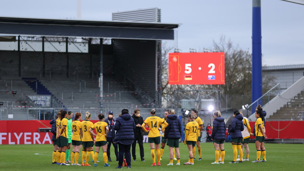 Players of Australia huddle on the pitch following the Women’s International Friendly match between Germany and Australia.