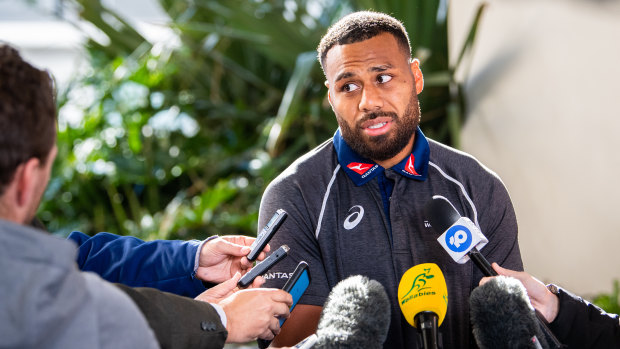 Samu Kerevi addresses the media in Perth after Australia's emphatic win over the All Blacks. 