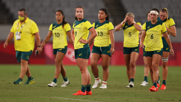 Australia’s women’s sevens team after their quarter-final loss to Fiji.