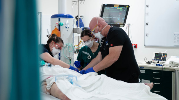 A patient is treated in the St Vincent’s Hospital emergency department.