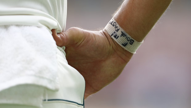 The message on Starc's wrist during the Australian summer.