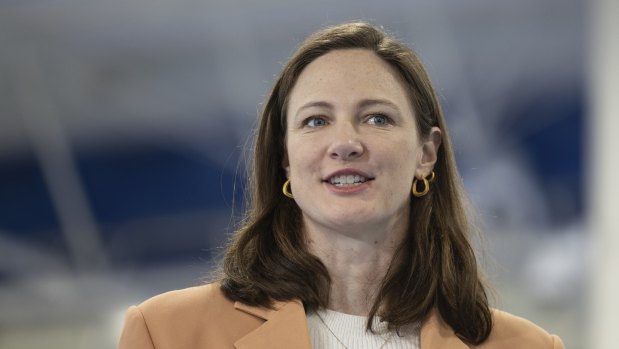 Newly retired Olympic swimmer Cate Campbell appears at the federal government’s announcement of a record funding package for Olympic sports and athletes in Canberra on Friday.