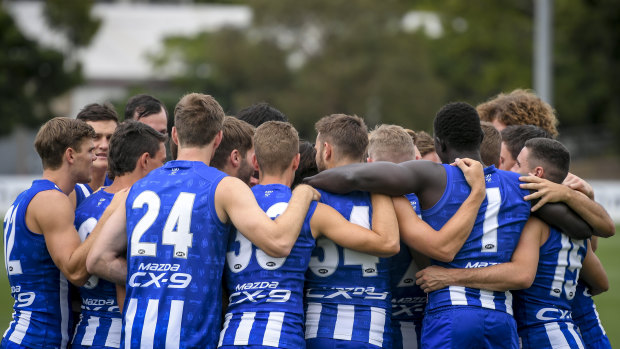 Majak Daw (second from right) rejoins his Kangaroos teammates on the Arden Street oval.