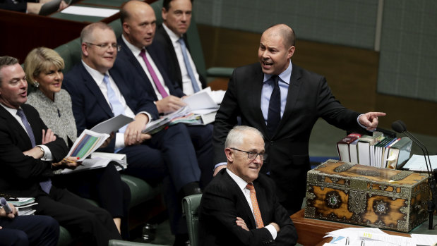 Then Environment and Energy Minister Josh Frydenberg addresses Parliament, with then PM Malcolm Turnbull and Coalition frontbenchers listening in.
