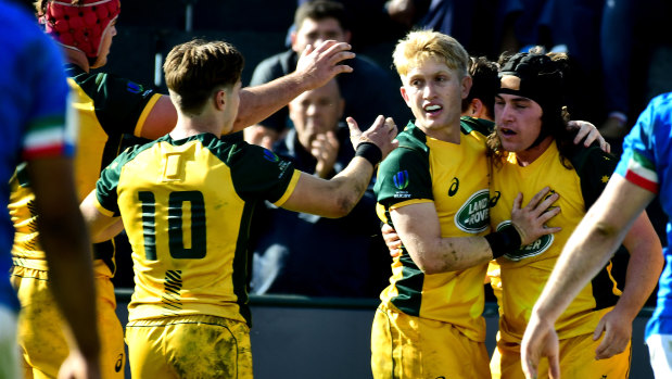 Lachlan Lonergan (headgear) playing in the U20s World Championships in 2019.