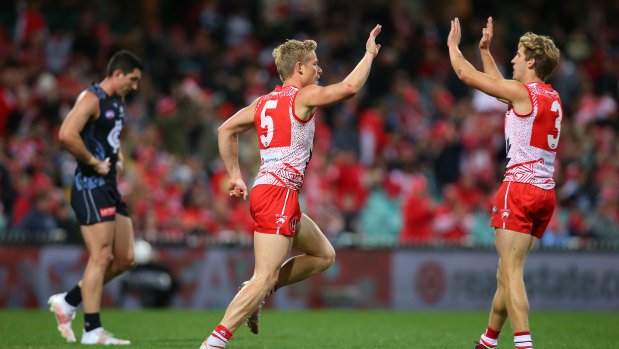 Isaac Heeney celebrates scoring as the Swans finished strongly.