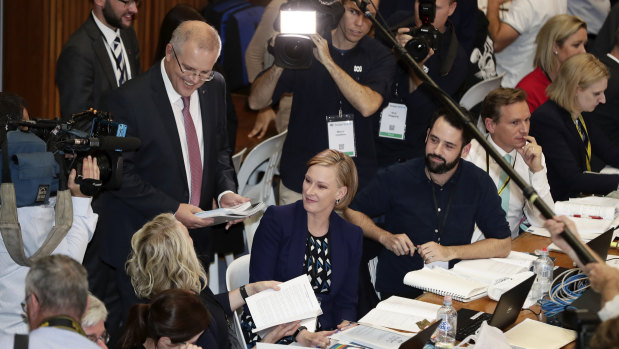 The then treasurer Scott Morrison with the ABC’s Laura Tingle (left) and Leigh Sales during the 2018 Budget lock-up.