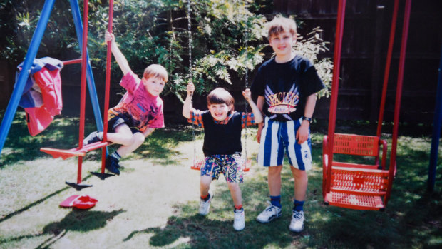 Yuri (right) with Debra’s son Broede (centre) and friend Ben in Ms Richardson’s Langwarrin backyard in 1993.