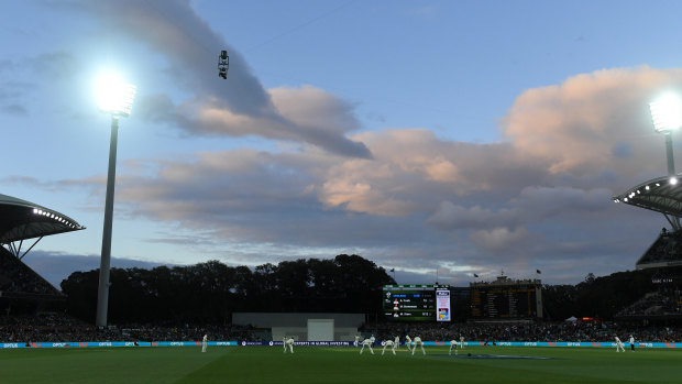 Novelty: Sunset during the second Ashes day/night Test match at Adelaide Oval.