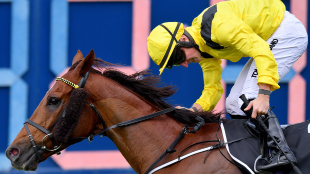 Jockey Tom Marquand rides Addeybb to victory in the Ranvet Stakes last month.