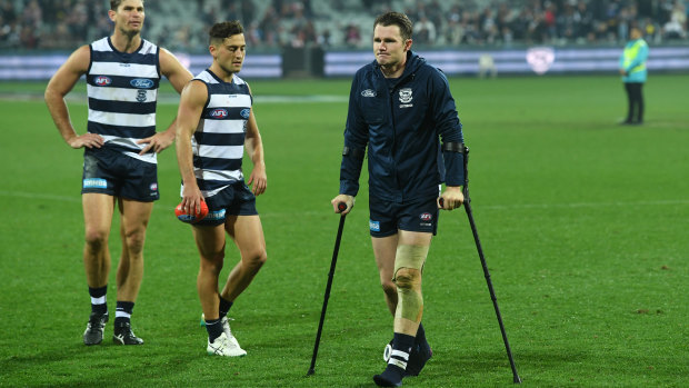 Patrick Dangerfield on crutches after the win over the Bulldogs.