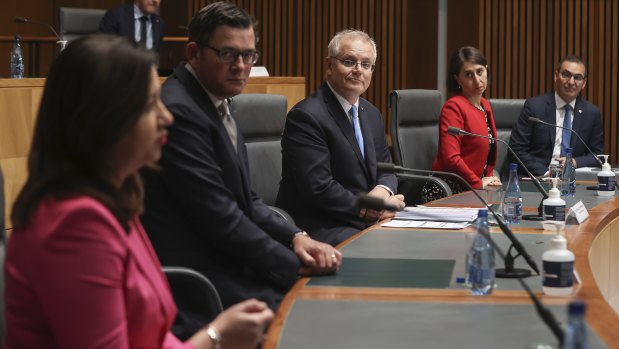 From left: Queensland Premier Annastacia Palaszczuk, Victorian Premier Daniel Andrews, Prime Minister Scott Morrison, NSW Premier Gladys Berejiklian and SA Premier Steven Marshall in Canberra in December.