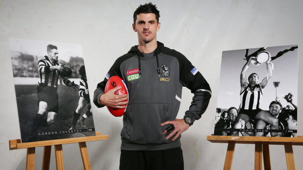 Scott Pendlebury alongside images of fellow premiership greats Gordon Coventry and Tony Shaw.