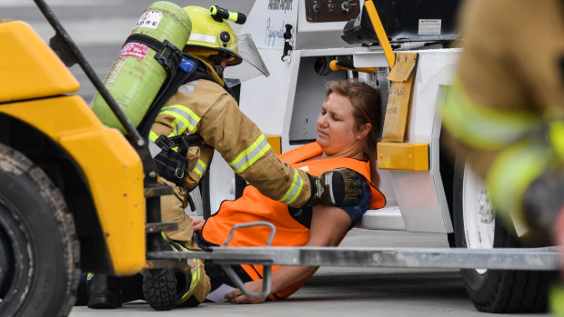 One of the volunteers who portrayed an injured passenger during Tuesday's emergency training exercise at Avalon Airport. 