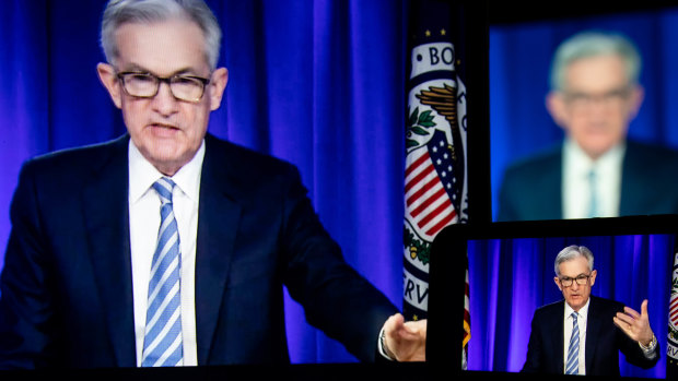 Jerome Powell at the news conference on Wednesday explaining the Fed’s move.