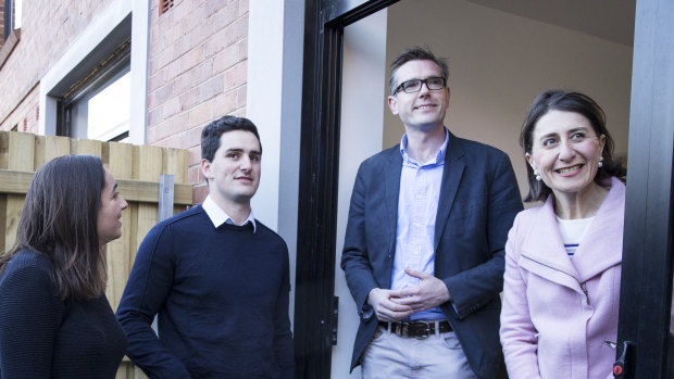 Premier Gladys Berejiklian and Treasurer Dominic Perrottet meet with first home buyers Emma Di Francesco and Daniel George in Marrickville